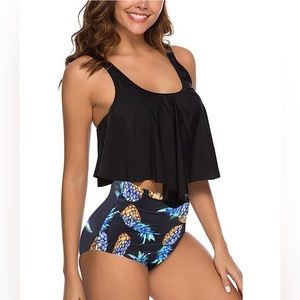 Women High Waisted Bikini Swimsuit Plus Size Flounce Top Vintage Tummy Control